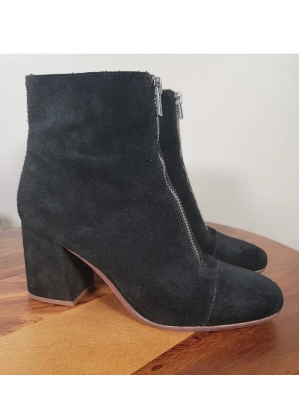 Madewell The Amalia Suede Front Zip Ankle Boots Black Size 6 Block Heel Retro